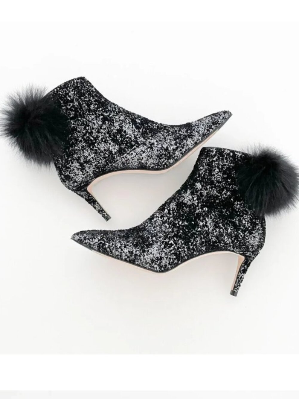 Jimmy Choo Tesler 65 Ankle Boots  US 10 Black Glitter Booties Fur Heel